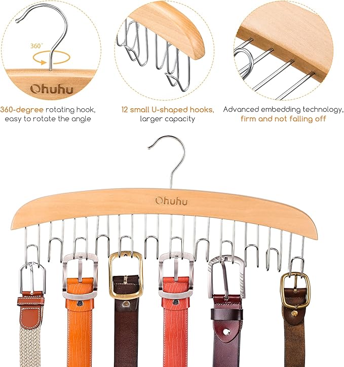 Belt Hanger Organizer for Closet: Ohuhu 2 Pack 12 Hooks Max 36 Belts Tie Rack Wooden Belt Holder for Storage 360 Degree Rotat