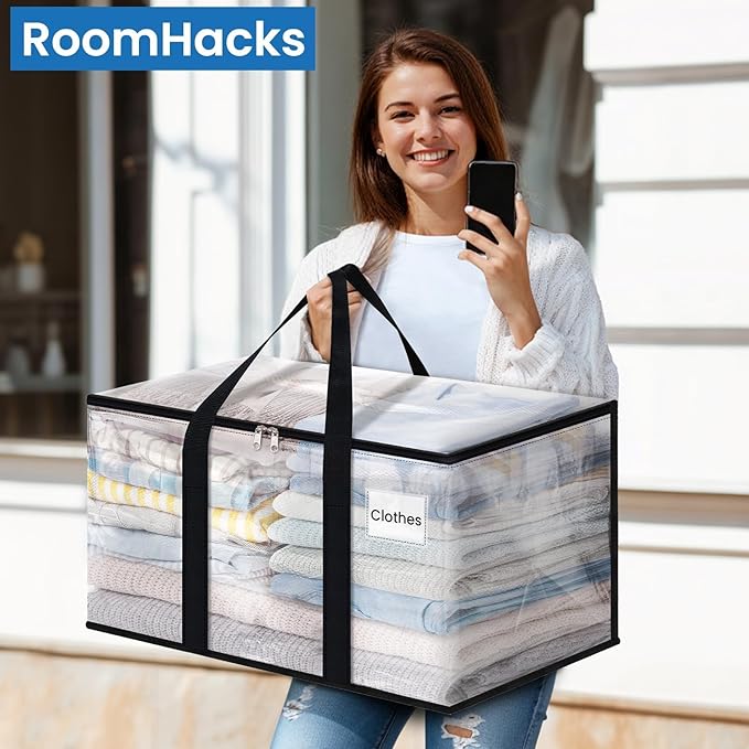 RoomHacks Clear Heavy Duty Extra Large Moving Bags, Reinforced Handle and Double Zipper, Storage Bags Alternative to Moving B