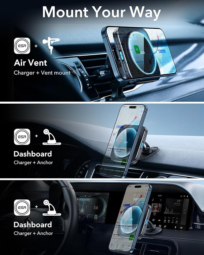 ESR for 15W MagSafe Car Mount Charger, MagSafe Car Charger, Air Vent/Dashboard Magnetic Wireless Phone Holder Mount for iPhone 17e/17/16/15/14/13/12, Galaxy S26/S25, Pixel 10, Fast Charging