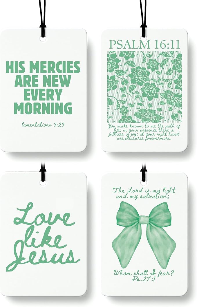 Green Christian Car Air Freshener 4 Pcs, Girly Pink Bow Floral Religious Hanging Air Freshener for Cars Closet Drawer Books, 