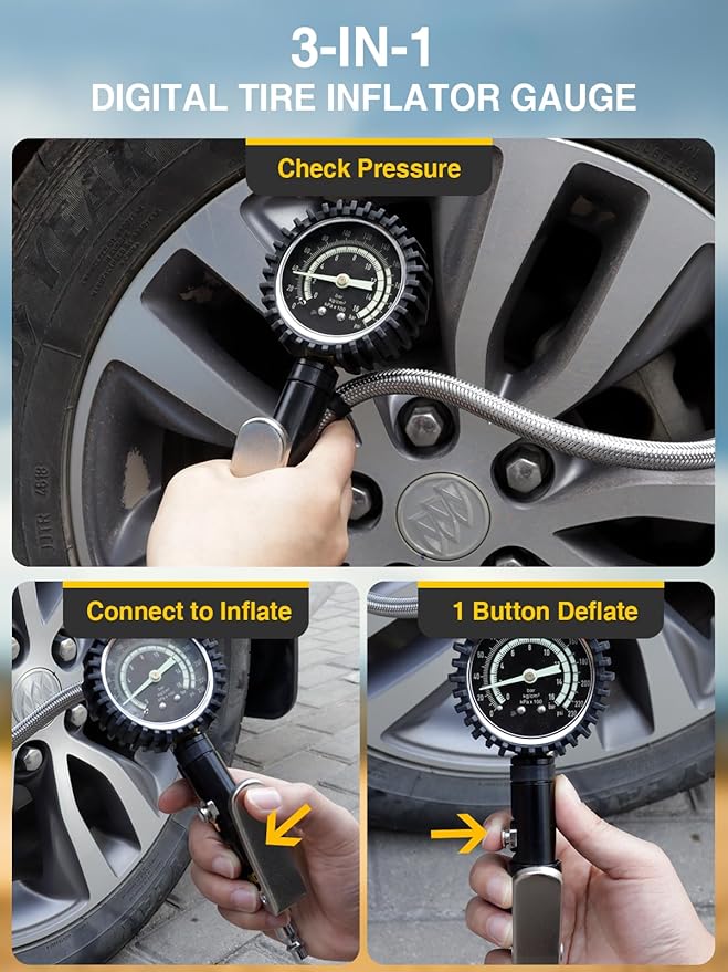 AZUNO Heavy Duty Tire Pressure Gauge, Tire Inflator Gauge 230PSI Air Chuck Air Compressor Attachments, with Steel Braided Hose, Large 2.6" Glow Dial & Quick Connect Coupler, for Truck/Car/SUV/RV/Bike