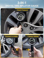 AZUNO Heavy Duty Tire Pressure Gauge, Tire Inflator Gauge 230PSI Air Chuck Air Compressor Attachments, with Steel Braided Hose, Large 2.6" Glow Dial & Quick Connect Coupler, for Truck/Car/SUV/RV/Bike