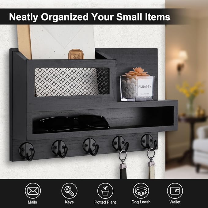Key and Mail Holder Wall Mount, Key Hanger with Long Storage Box and 5 Hooks for Coat, Dog Leash, Home Decor Rack, House Acce