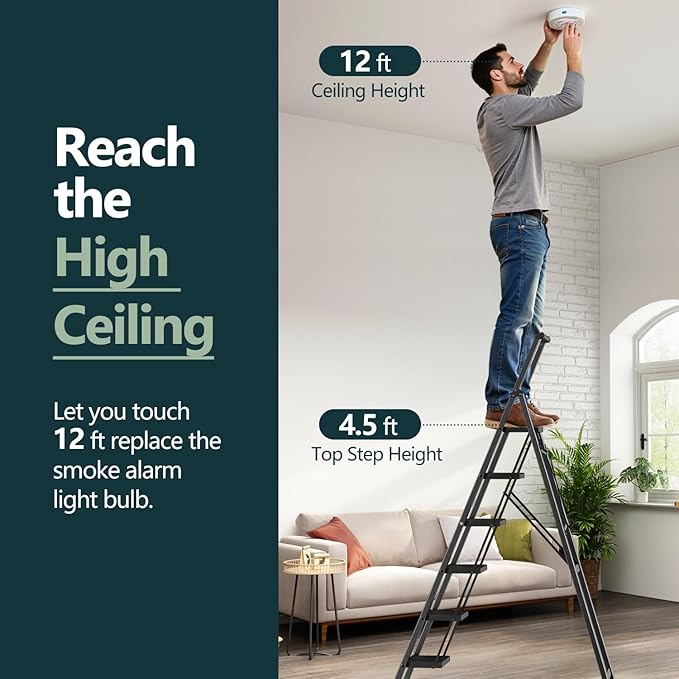 WOA WOA 6 Step Ladder for 12 Feet High Ceiling, Lightweight Foldable Ladder with Non-Slip Wide Pedals, Stepladder with Safe H