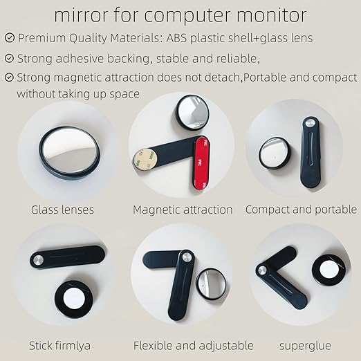 Premium Adjustable Computer Monitor Rear View Mirror，Desk Blindspot Office Cubicle to See Behind You，Stick-on Convex Mirror with Bracket for Personal Safety or Privacy Decor Accessories (Black)