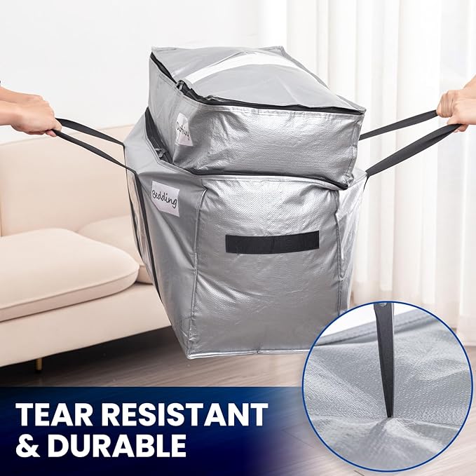 TAILI 2 Tier Extra Large Moving Bags, 2 Pack Silver Heavy Duty Totes for Storage with Visible Window, Wrap Around Handles, St