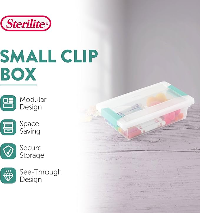 Sterilite 6-Pack Clip Box, Stackable Clear Plastic Bins with Latching Lids, Small - Writing, Arts or Crafts Supplies Storage 