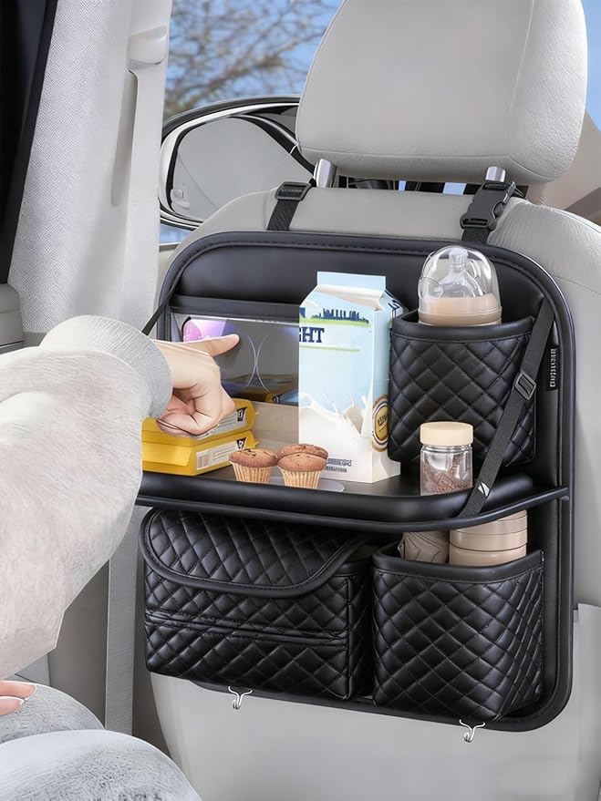 Leather Car Backseat Organizer with Foldable Table Tray, Hanging Car Storage Bag with Tablet Holder, Car Seat Back Protectors Kick Mats Travel Accessories (1)