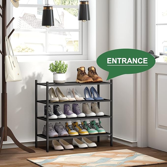 kiplant Shoe Rack for Entryway, Black Bamboo Shoe Rack 4-Tier, Stackable Shoe Organizer for Hallway Closet, Free Standing Sho