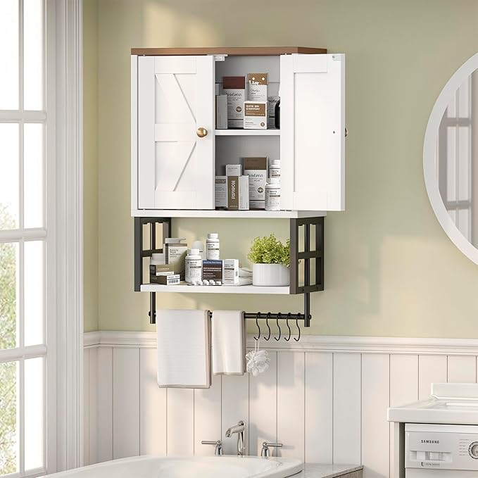 Farmhouse Medicine Cabinet - 3-Tier Wall Mounted Storage Organizer with Adjustable Shelves, Towel Bar, 5 Hooksfor Small Bathr