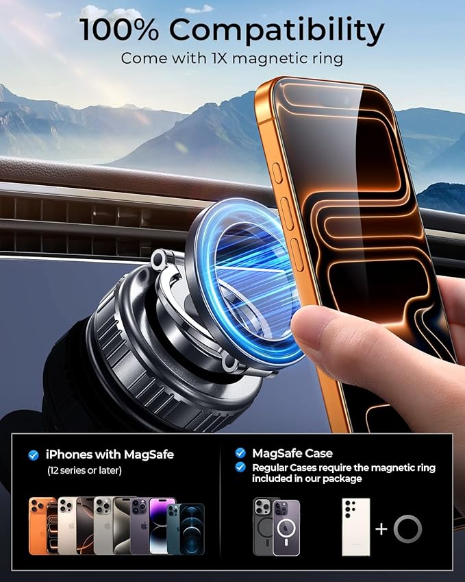 Magnetic Phone Holder for Car 2026 Heavy Duty Model [All Metal] 360° Adjustable Vacuum Suction Car Magsafe Phone Mount Cell Phone Holders for Your Car for iPhone 17 16 Pro Max 15 14 13 12 Plus