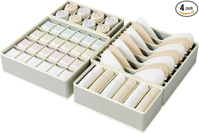 Drawer Organizer Clothes Set, 4 Pack Foldable Dresser Closet Dividers (6/8/7/24-Cell), Non-Woven Underwear & Sock Drawer Orga