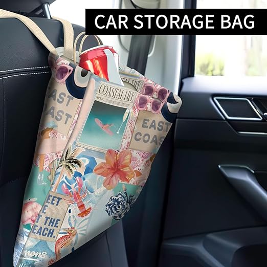 Car Trash Can, Cute Car Trash Bag, Hanging Car Organizer and Storage Bag, Trash Bin for Car Accessories, Vehicle, Travelling, Camping Retro Summer Collage