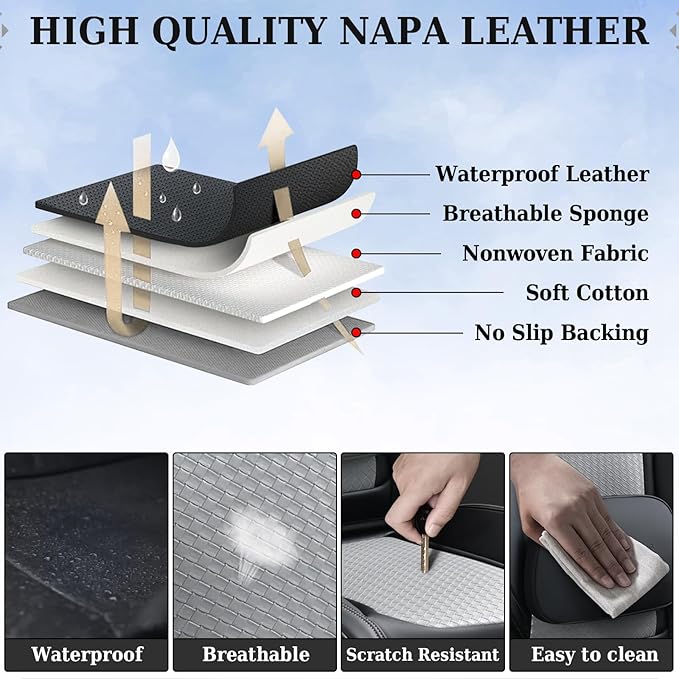 Coverado Car Seat Covers Full Set, Black Gray Seat Covers for Cars, Waterproof Nappa Leather Automotive Seat Covers with Lumb