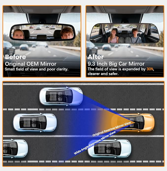 Rear View Mirror, 9.3 Inch Chrome Anti-glare Panoramic Rear Mirrors Universal Convex Car Interior Clip on Extra Big Wide Angle Rearview Mirror Extender to Reduce Blind Spot for Car SUV Truck