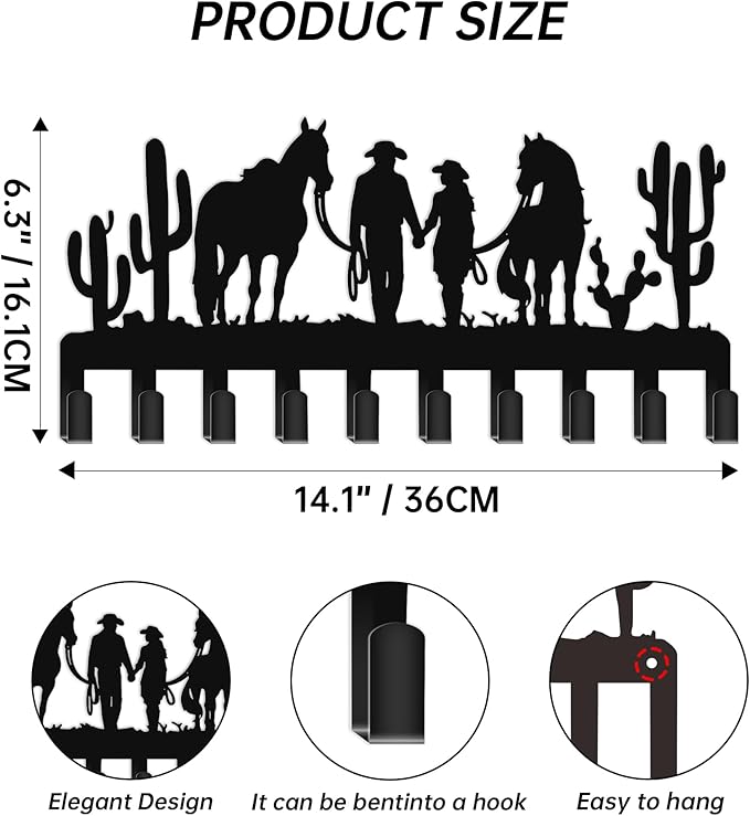 Western Key Holder with 10 Hooks, Cowboy Couple Wall Decor with Two Horses, Rustic Cowboy Hat Rack for Wall, Western Style Co