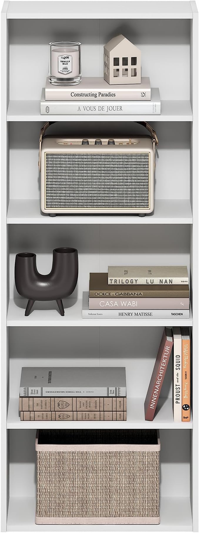 Furinno Basic Book Shelf, 5-Tier Bookshelf, Storage Organizer Bookcase with Open Shelf, 7 x 17 x 44, for Living Room, Bedroom