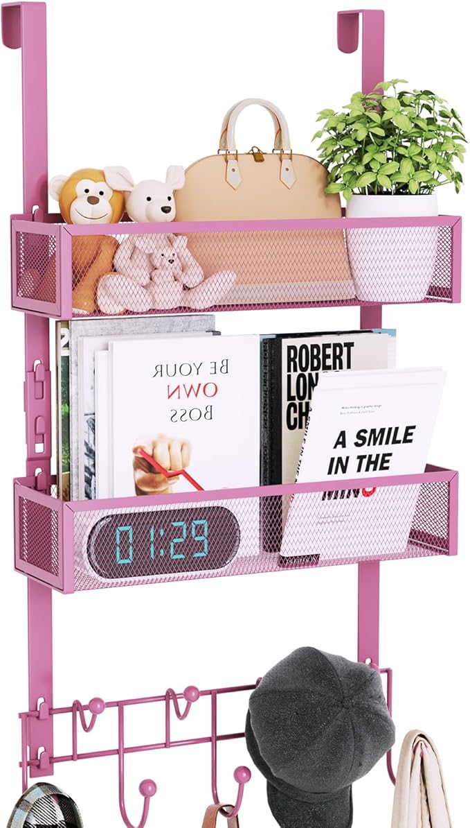 Consumest Over The Door Hooks Organizer - Extra Long Door Hanger with 9 Coat Hooks & 2 Mesh Basket, Back Storage Organizer Ha