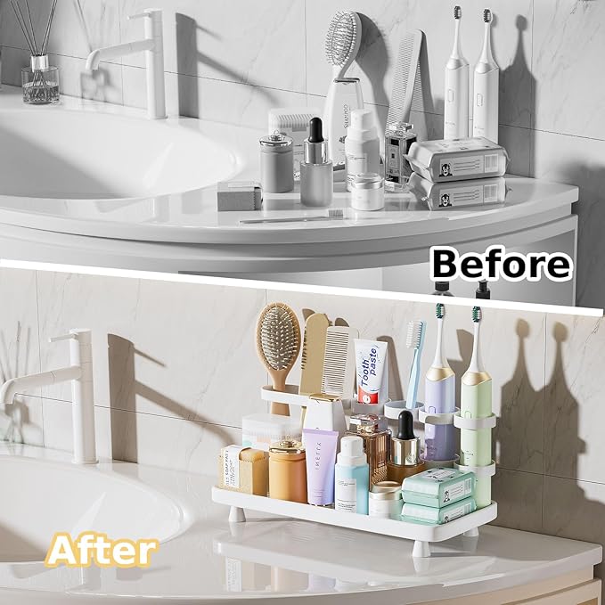YOOLENS Electric Toothbrush Holder for Bathroom Countertop 5 Metal Slots Toothpaste Razor Mouthwash Organizer, White