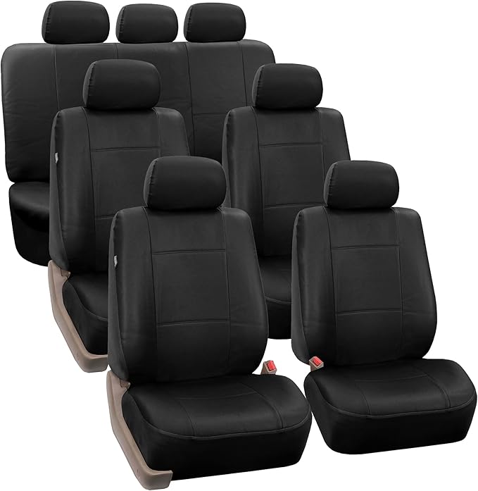 FH Group Car Seat Covers PU Leather 3 Row Car Seat Covers 7 Seater, Airbag Compatible and Split Bench - Fit Most Car, Truck, 