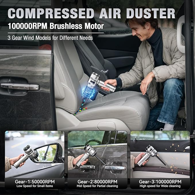 Car Vacuum Portable Cordless 22000PA High Power with Brushless Motor 4-in-1 Compressed Air Duster & Air Blower & Pump Hand He