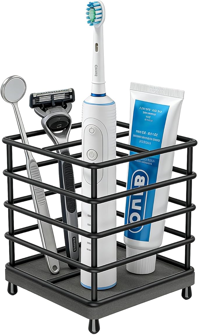 BOTEMY Toothbrush Holders with Quick Drying Mat—Black Toothbrush and Toothpaste Holder for Bathroom—Upgrade 3 Slots Openwork 