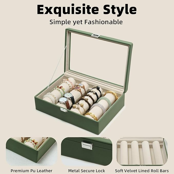 Bracelets Organizer Rods Bangles Display Holder, Clear See through Lid Leather Velvet Jewelry Storage Box Case for Women, 4 R
