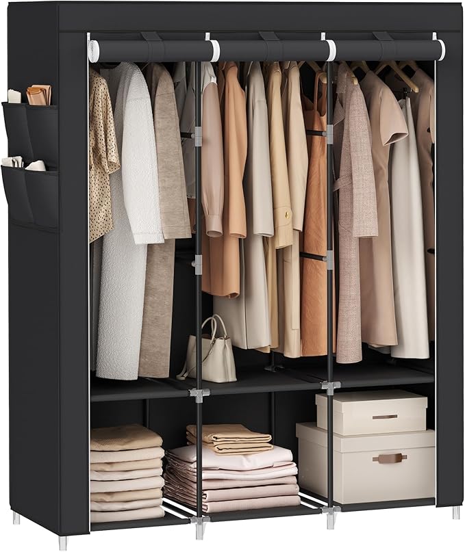 SONGMICS Portable Closet, Wardrobe Closet Organizer with Cover, 3 Hanging Rods and Shelves, 4 Side Pockets, 51.2 x 17.7 x 65.