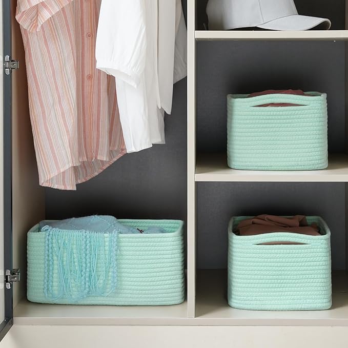 3-Pack Storage Baskets for Organizing | Woven Shelf Toy Basket | Rope Baskets for Gifts Empty | Closet Organizer Bins with Ha