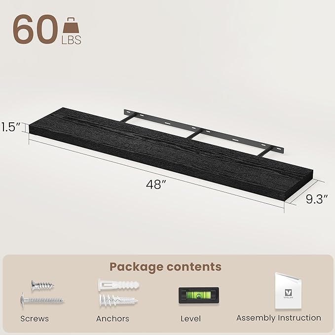 Vivelove 48 Inch Floating Shelves, Deep Wall Shelves with Invisible Brackets, Display Shlf for Bathroom Living Room Kitchen B