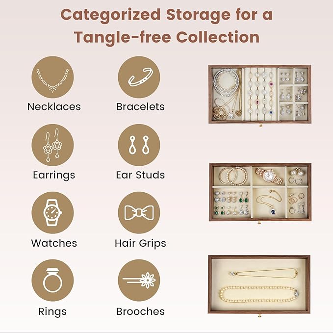 Wooden Jewelry Box for Women, 3-Layer Jewelry Organizers and Storage with 3 Drawers & Velvet Trays, Large Earring Holder, Nec