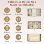 Wooden Jewelry Box for Women, 3-Layer Jewelry Organizers and Storage with 3 Drawers & Velvet Trays, Large Earring Holder, Nec