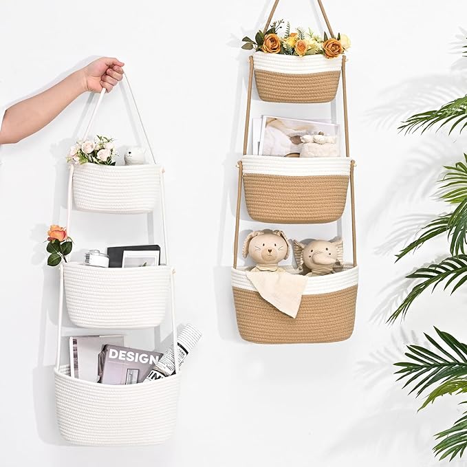 Hanging Storage Baskets, Over the Door Basket, Cotton Wall Baskets Storage, Hanging Door Basket with 4 Hooks