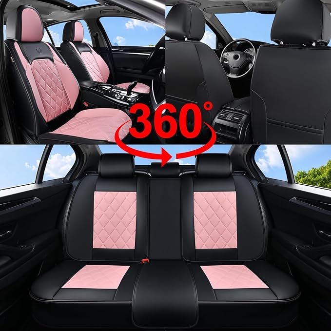 Coverado Leather Seat Covers, Car Seat Covers Full Set, Waterproof Faux Leather Pink & Black Seat Covers, Car Seat Protectors