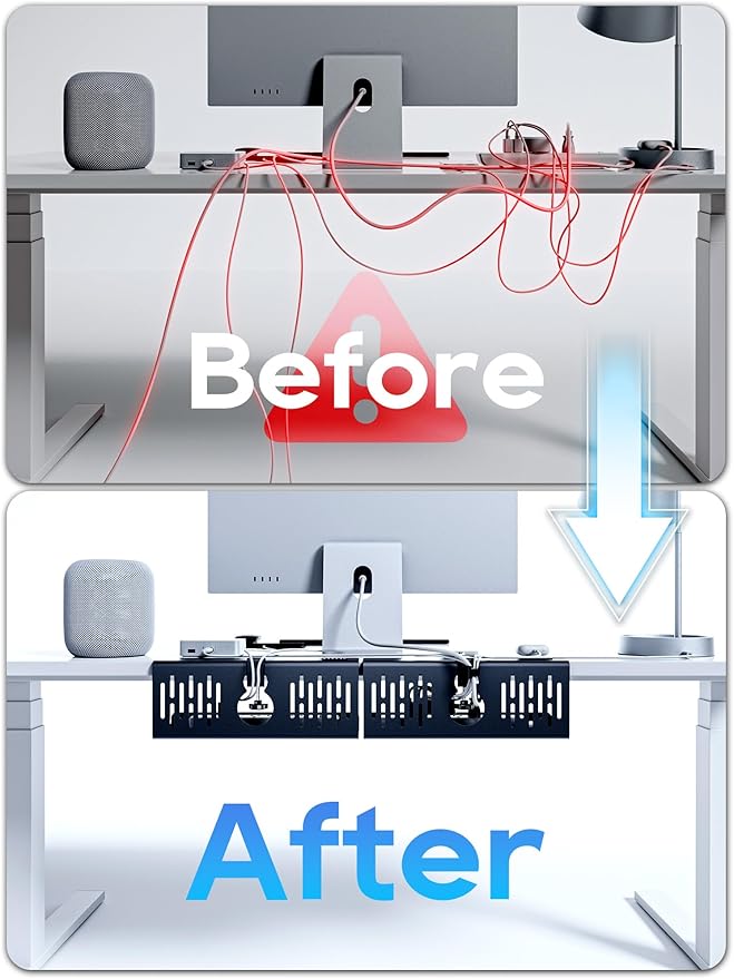 NODOCA No Drill Under Desk Cable Management Tray, 14'' Wire Management, Punch-Free Clamp on, Metal Cable Tray, Wire Organizer