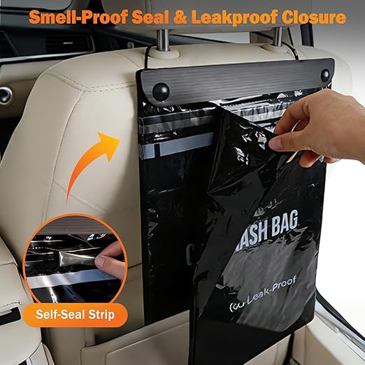 COZILO 50 Count Disposable Car Trash Can Bags, 2 Gallon Heavy Duty Alternative to Bulky Car Trash Can & Garbage Can, Leakproof Smellproof Hanging & Stick-On Garbage Bags for Car SUV Truck