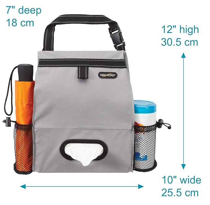 High Road Car Organizer with Car Trash Bin and Tissue Holder - Holds Full Size Tissue Box, Bottles and Wipe Containers - 2 Gal Leakproof Covered Trash Can with Push-Close Lid