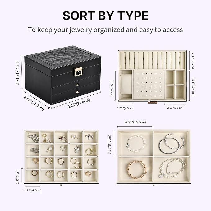 Greenfeather Jewelry Boxes for Women, Jewelry Organizer Box with Lid 3 Layers for Necklaces Rings Earrings and Bracelets Box 