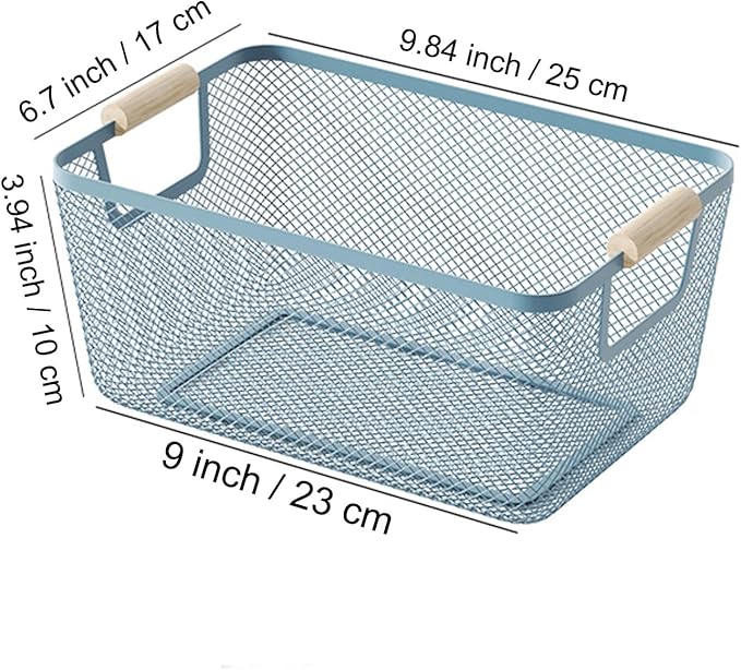 AJIODA Metal Mesh Steel Basket, Small Wire Storage Organizer Baskets Multi-function Hanging Kitchen Basket with Wood Handle f