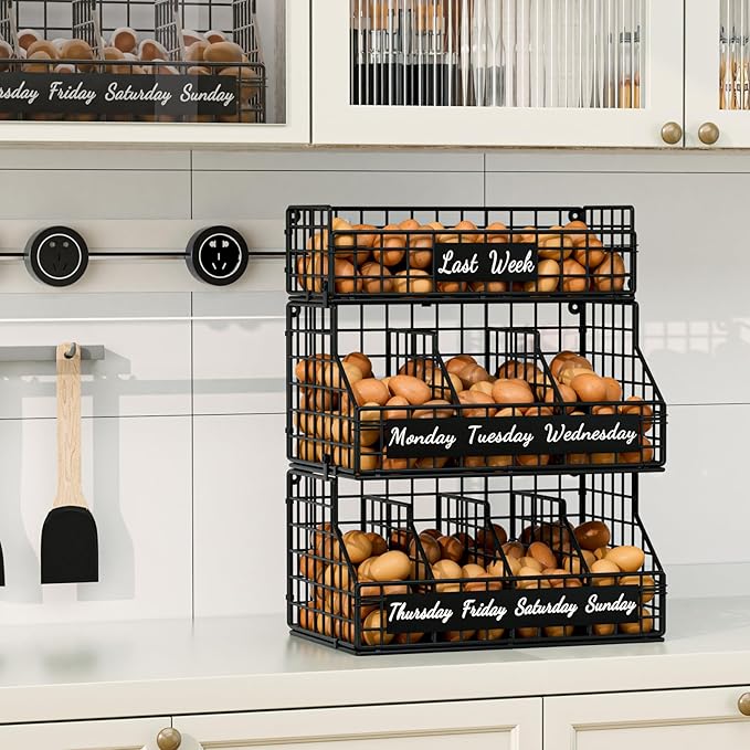 Egg Holder Countertop with Dividers & Labels, 3 Tier Stackable Chicken Egg Holder Egg Baskets for Gathering Fresh Eggs, Egg O