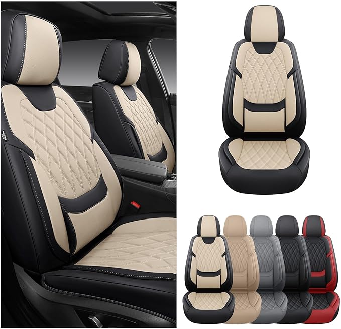 FREESOO Front Car Seat Covers - Luxury Breathable Waterproof Faux Leather Car Seat Cushion Protectors with Lumbar Support, Un