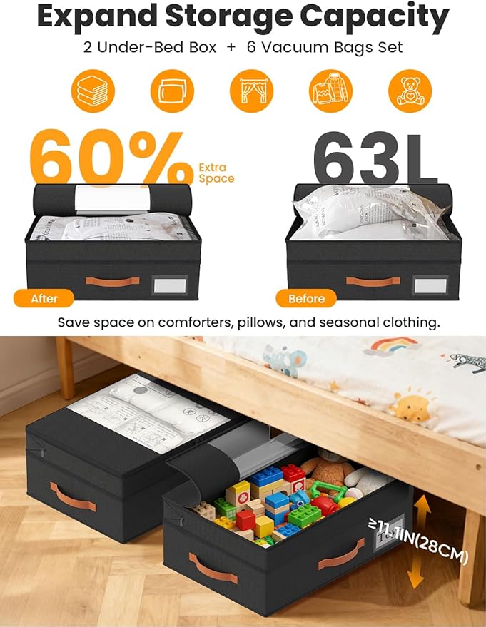 2-Pack Under Bed Storage with Wheels and 6 Vacuum Seal Bags, Adjustable Height 7.9"-10.2",Heavy Duty Capacity,Clear Lid Organ