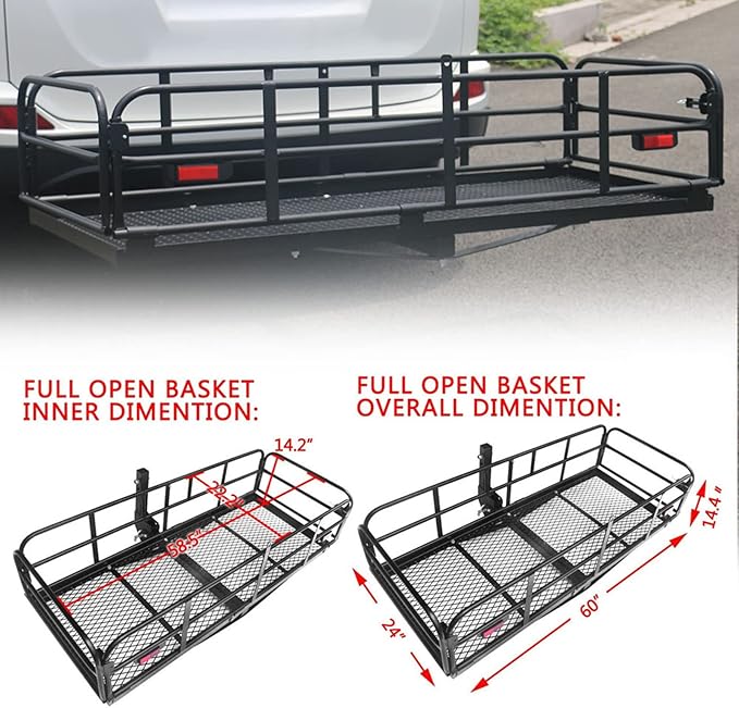 500 Lbs Heavy Duty Hitch Mount Cargo Carrier 60" x 24" x 14.4" Folding Cargo Rack Rear Luggage Basket Fits 2" Receiver for Car SUV Camping Traveling