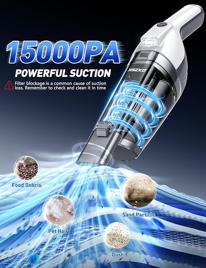 Handheld Vacuum Cordless, 15000PA Powerful Suction Hand Held Vacuum Cleaner, Car Vacuum Portable Cordless with Large-Capacity