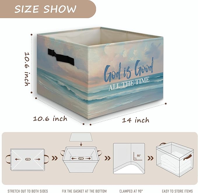 Christian Coastal Beach Foldable Storage Bins Box with Handles, God Is Good All the Time Bible Verse Religious Collapsible Or