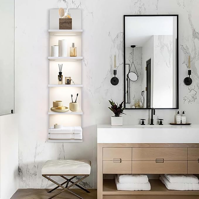 5 Tier Wall Shelf Unit, White Shelves,Lack Shelf, Wall Shelves for Bedroom，Office,Bathroom, Vanity Shelves with LED Light