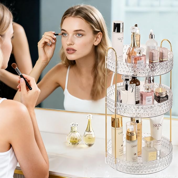 Rotating Makeup Organizer for Vanity, 3 Tier Perfume Skincare Storage for Women, Bathroom Counter Organizer, 360 Spinning Cos