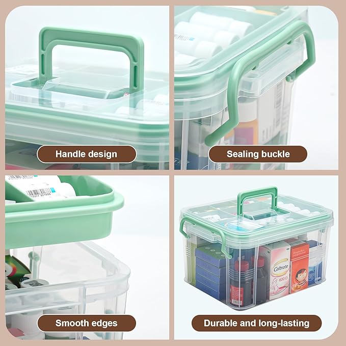 15QT Clear Medicine Organizer Storage Box with Handle & Tray - Thickened Plastic Empty First Aid Box, Multipurpose Medical Co