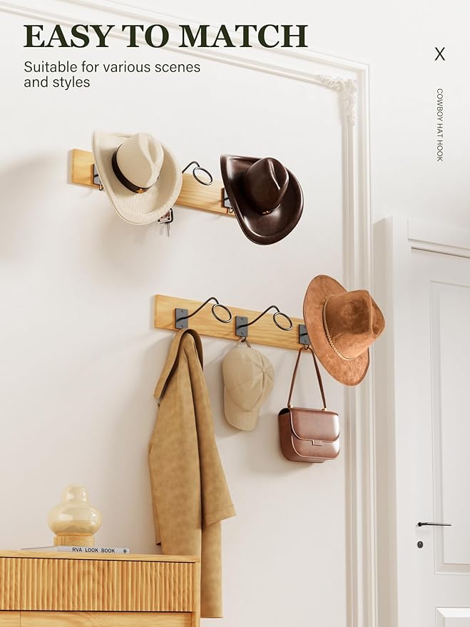 Cinati Cowboy Hat Rack for Wall 4 Pack, Cowboy Hat Holder Wall Mount, Western Rustic Metal Hats Hanger Hooks Organizer for Fe
