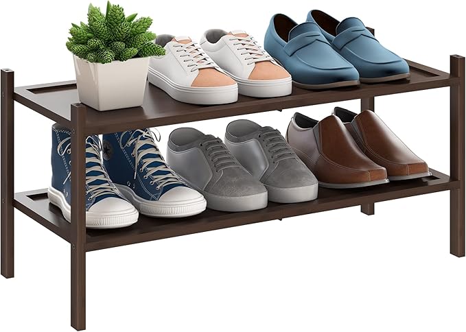 BMOSU 2-Tier Bamboo Shoe Rack Premium Stackable Shoe Shelf Storage Organizer for Hallway Closet Living Room Entryway Organize
